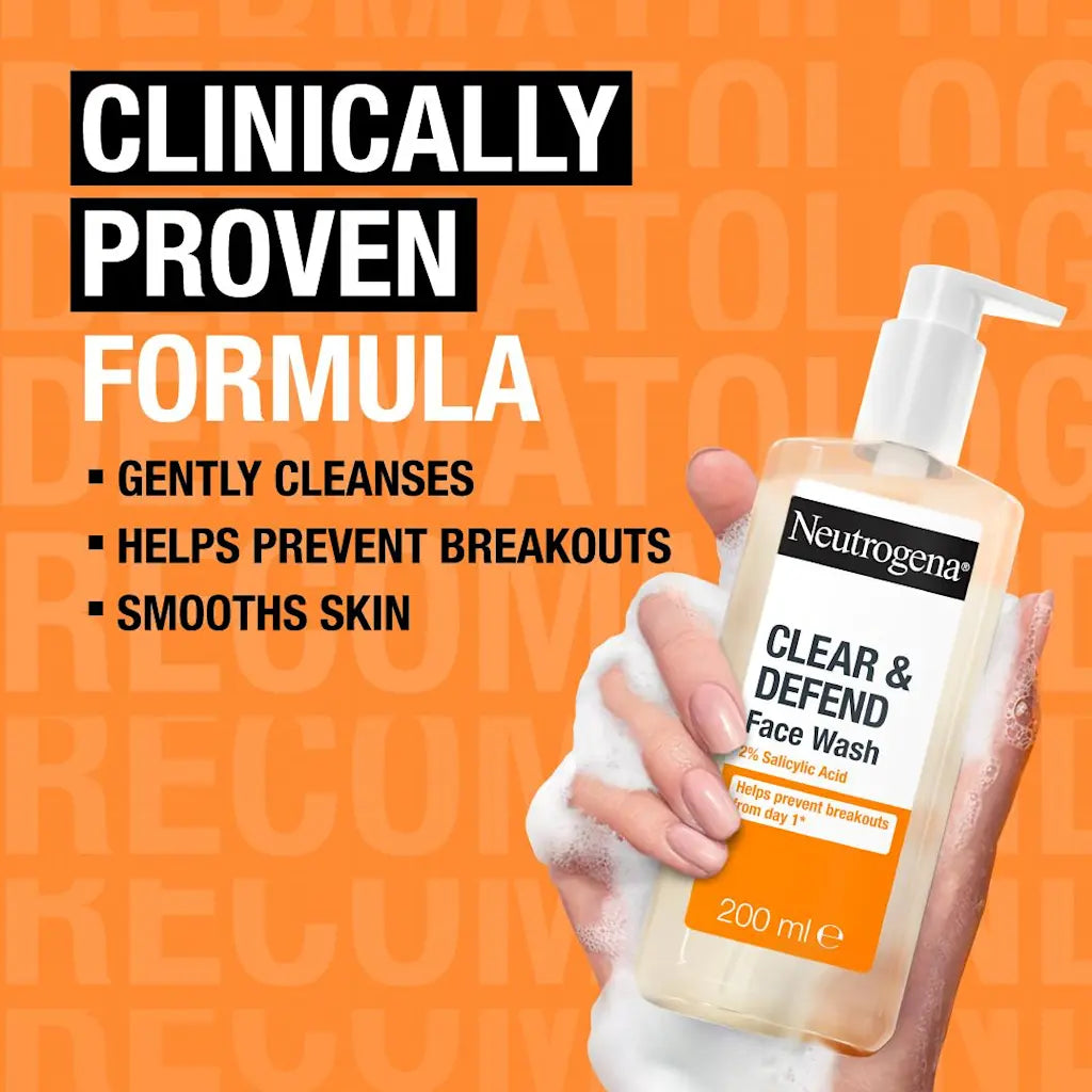 Neutrogena Clear & Defend Face Wash 200ml - 2% Salicylic Acid Purifying Cleanser
