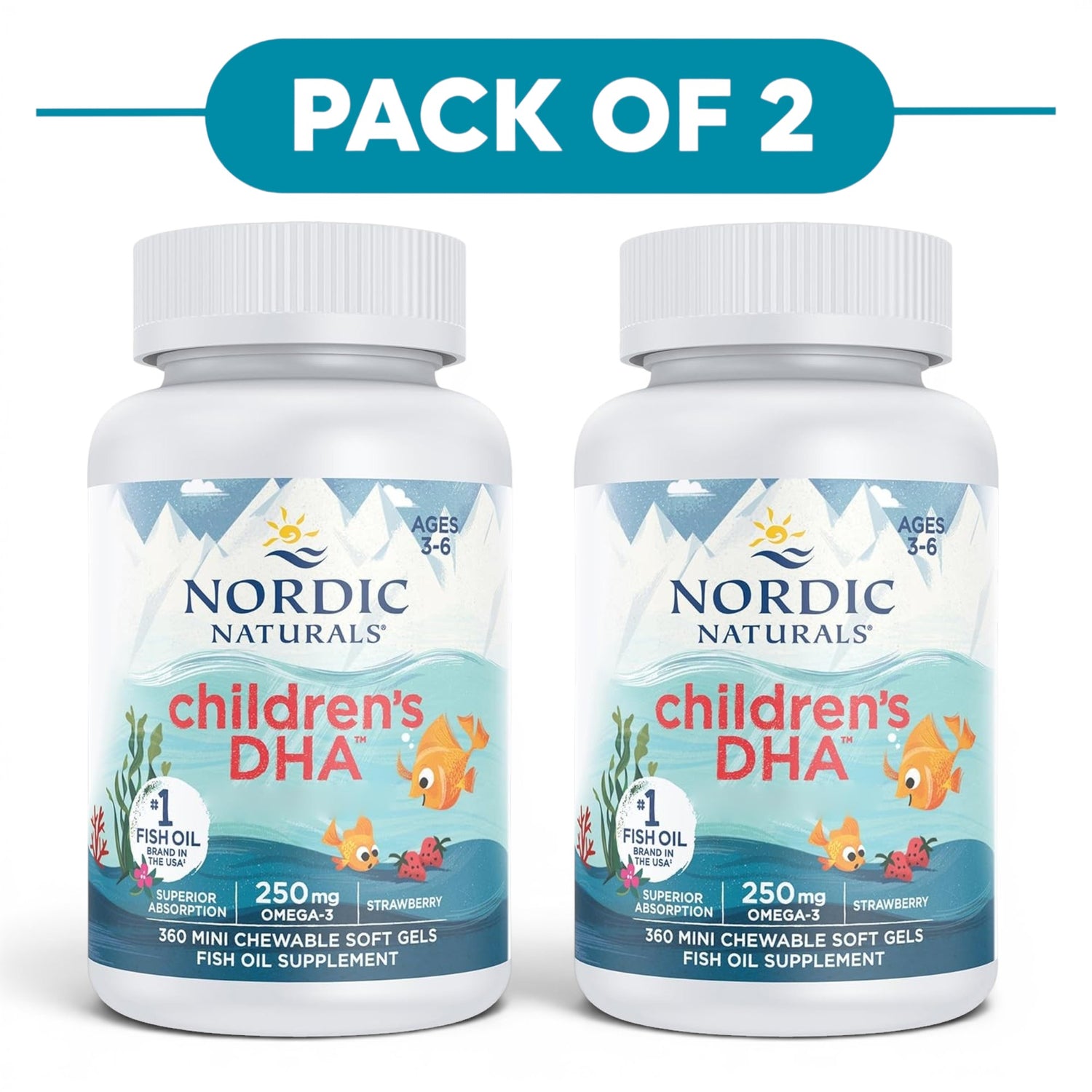 Nordic Naturals Children's DHA 250mg Strawberry 360 Mini Chewable Soft Gels Pack of 2