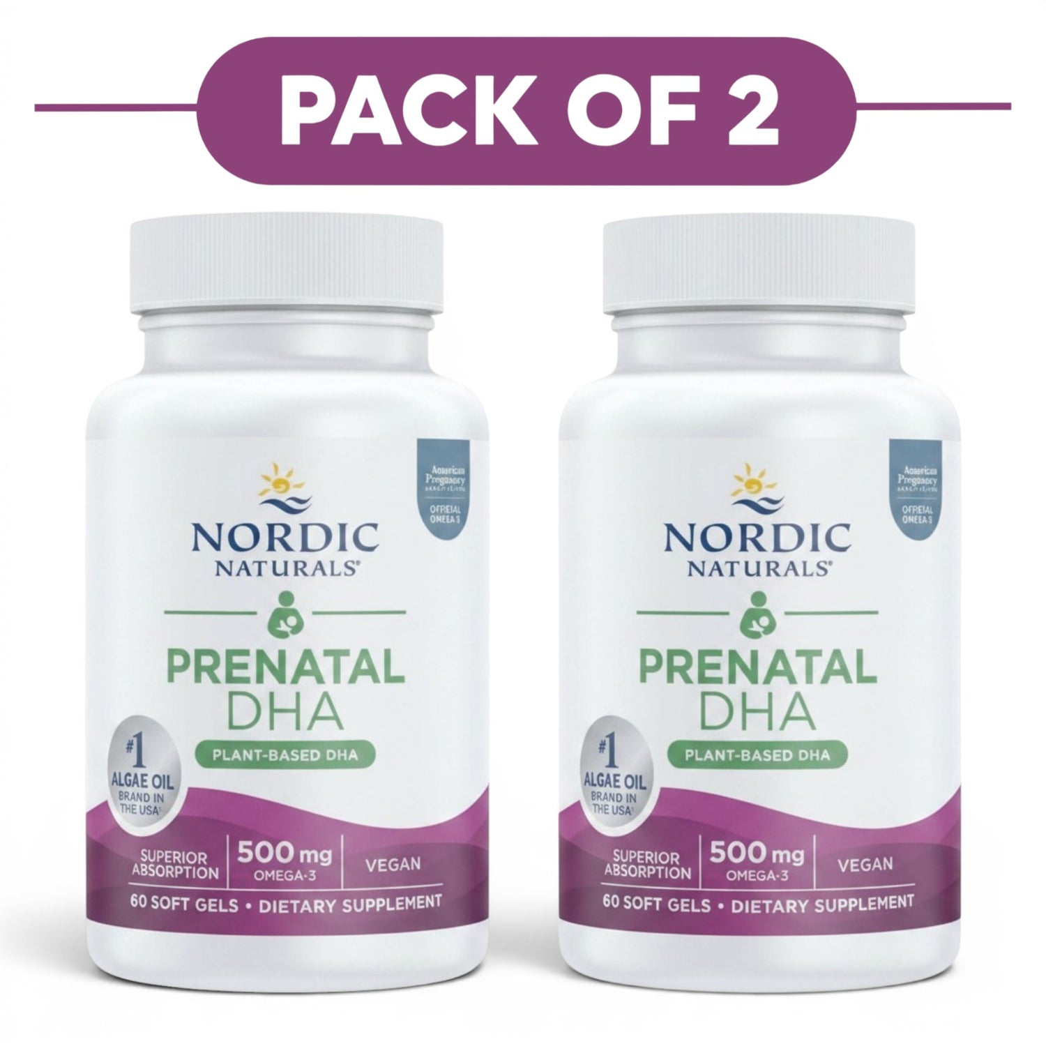 Nordic Naturals Prenatal DHA Plant-Based 500mg 60 Soft Gels Pack of 2