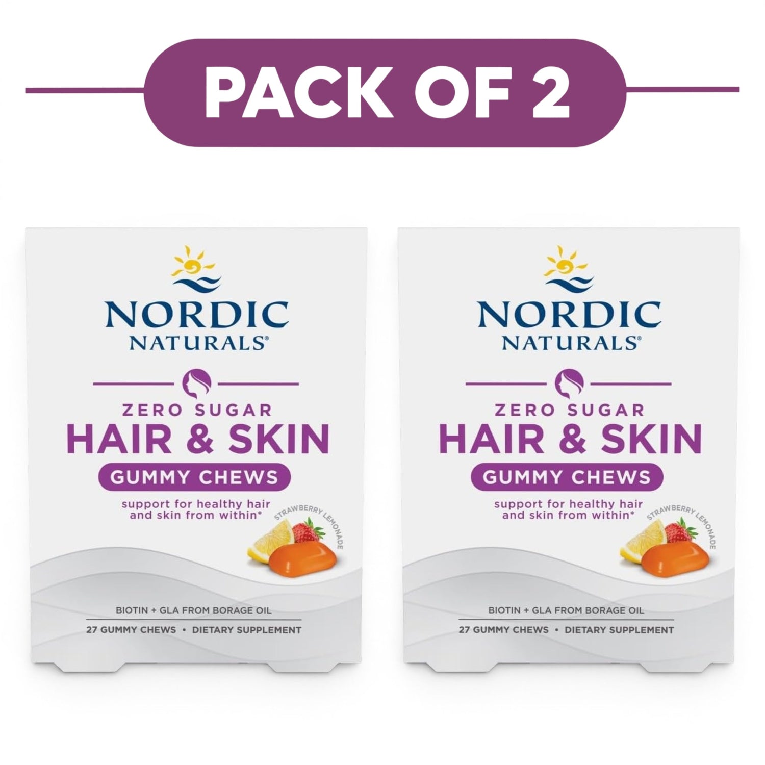 Nordic Naturals Zero Sugar Hair & Skin Strawberry Lemonade 27 Gummies Pack of 2