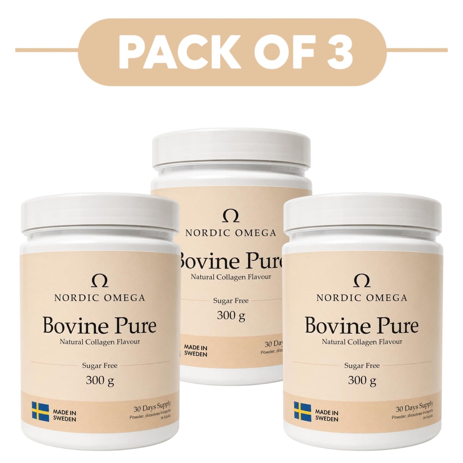 Nordic Omega Bovine Pure Collagen Powder Sugar Free 300g Pack of 3