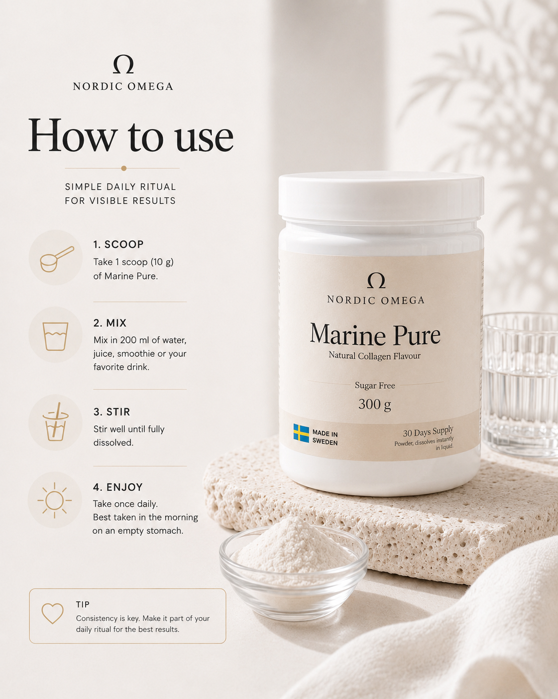 Nordic Omega Marine Pure Collagen Sugar Free Powder 300g usage instructions