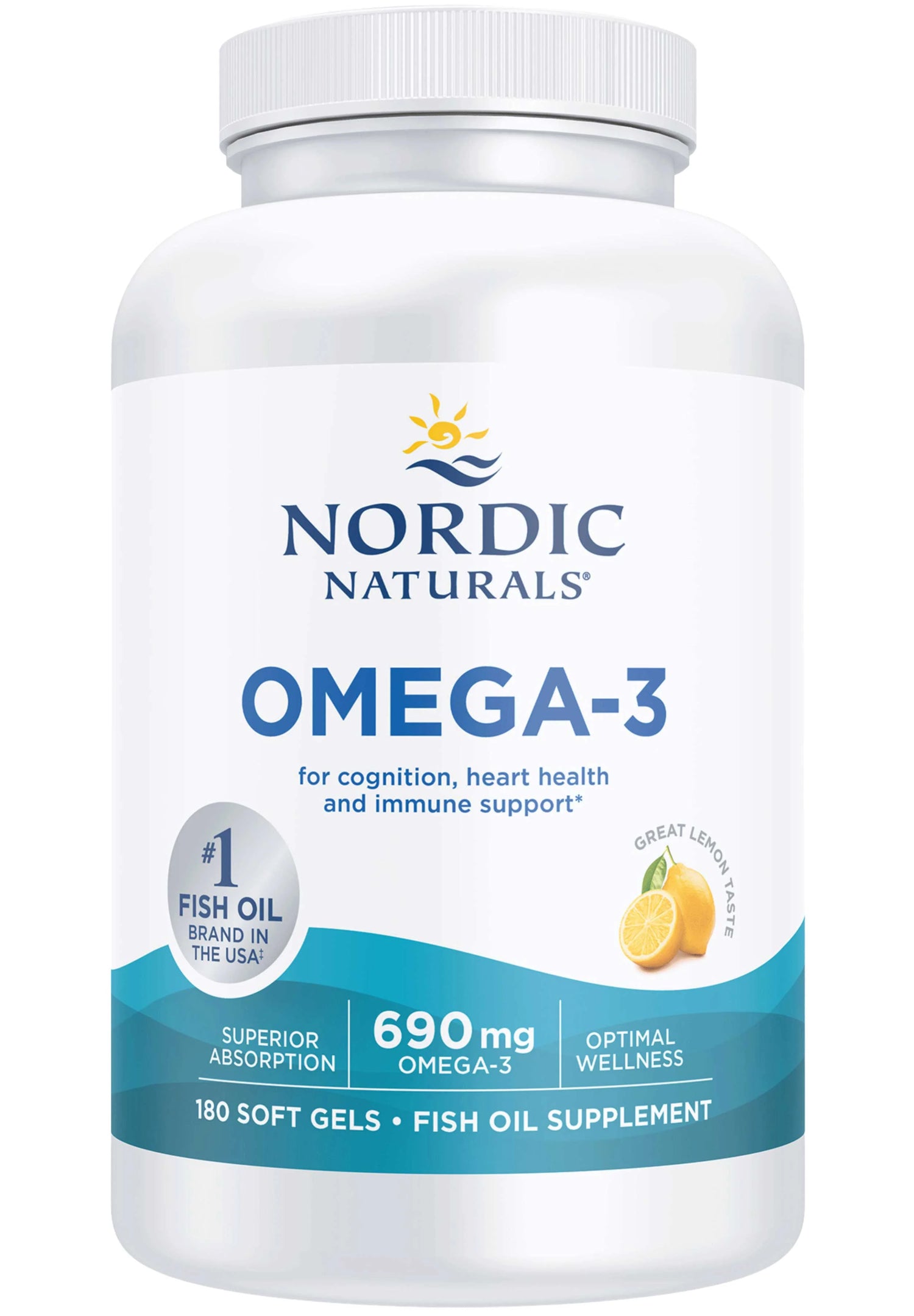 Nordic Naturals Omega-3 fish oil supplement in a white plastic bottle with a white cap, featuring a white label with blue and yellow text and graphics.