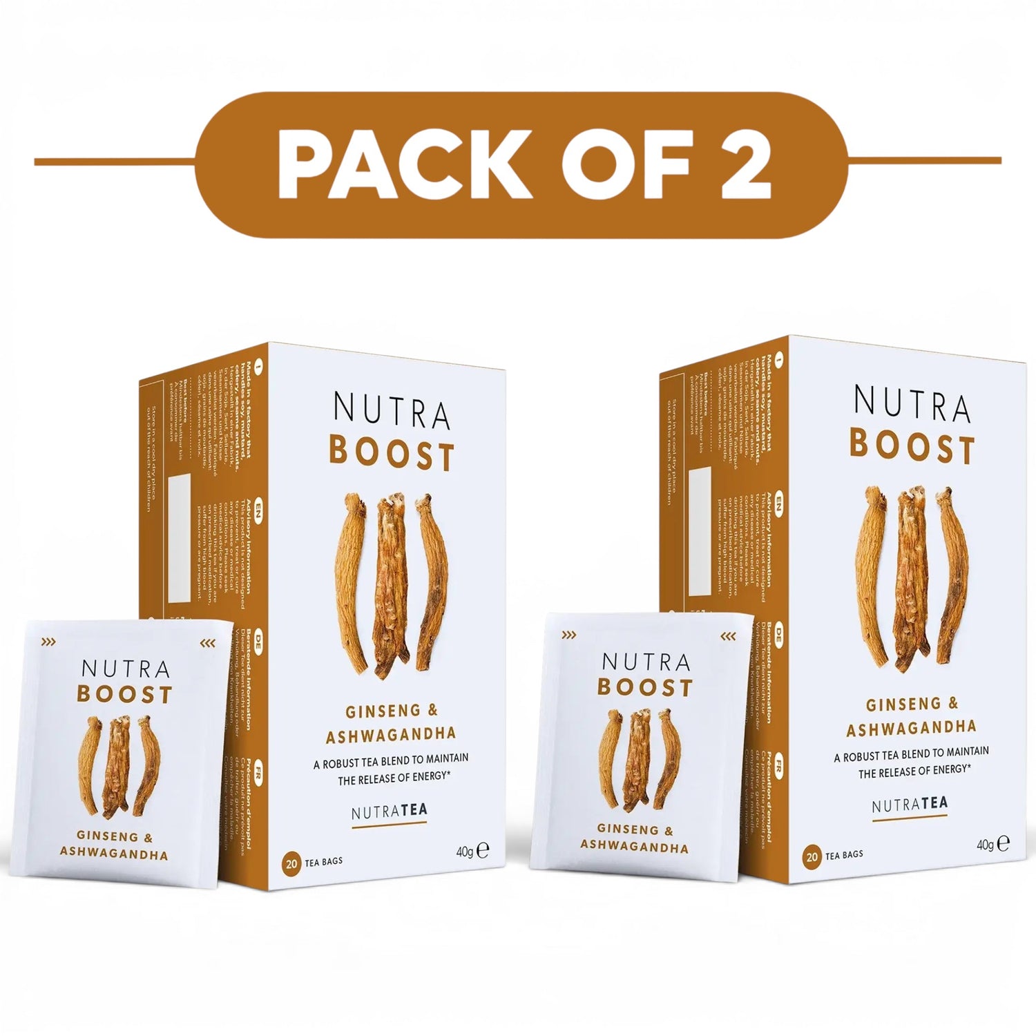 NutraTea NutraBoost Ginseng & Ashwagandha Herbal Tea 20 Tea Bags Pack of 2