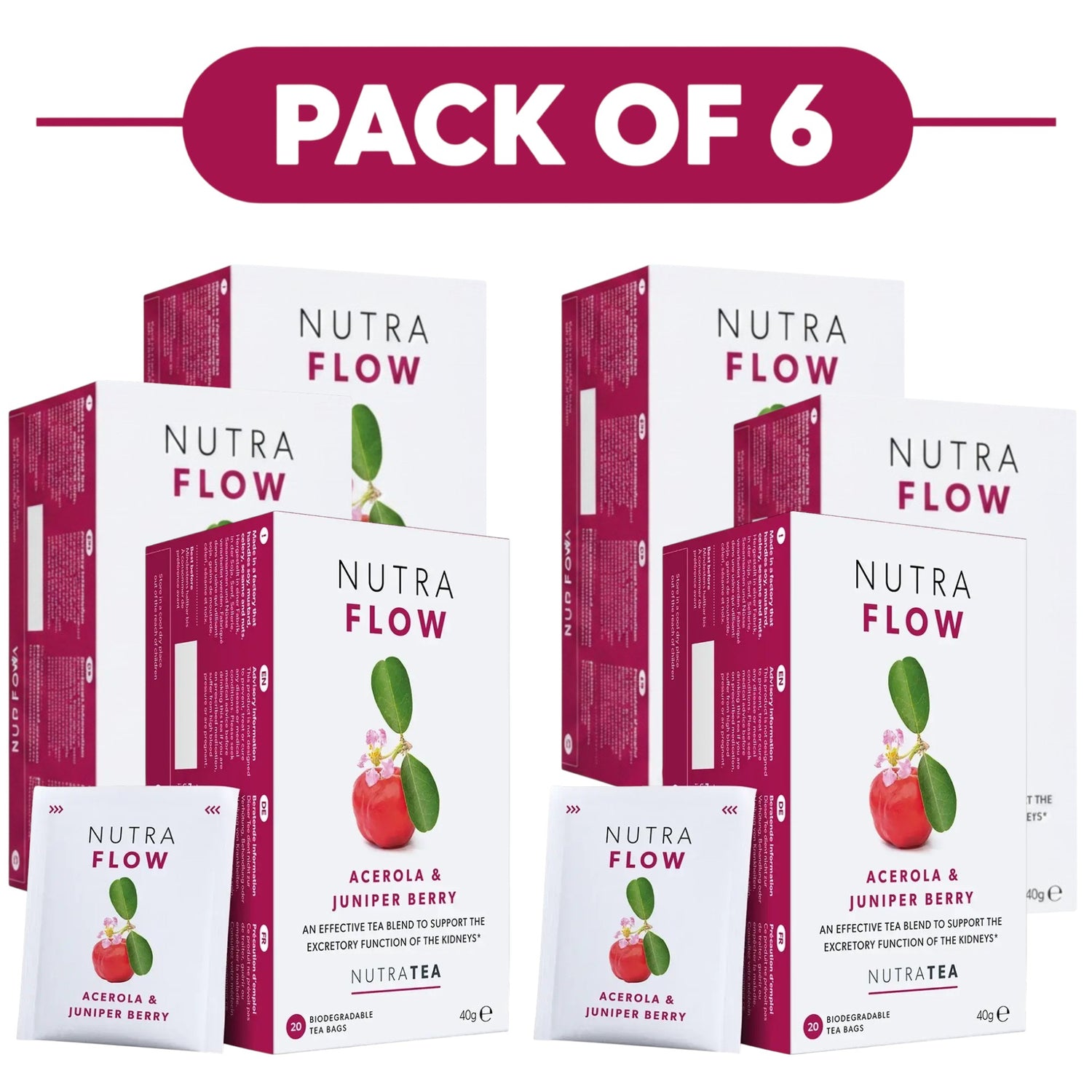 NutraTea NutraFlow Acerola & Juniper Berry Herbal Tea 20 Tea Bags Pack of 6