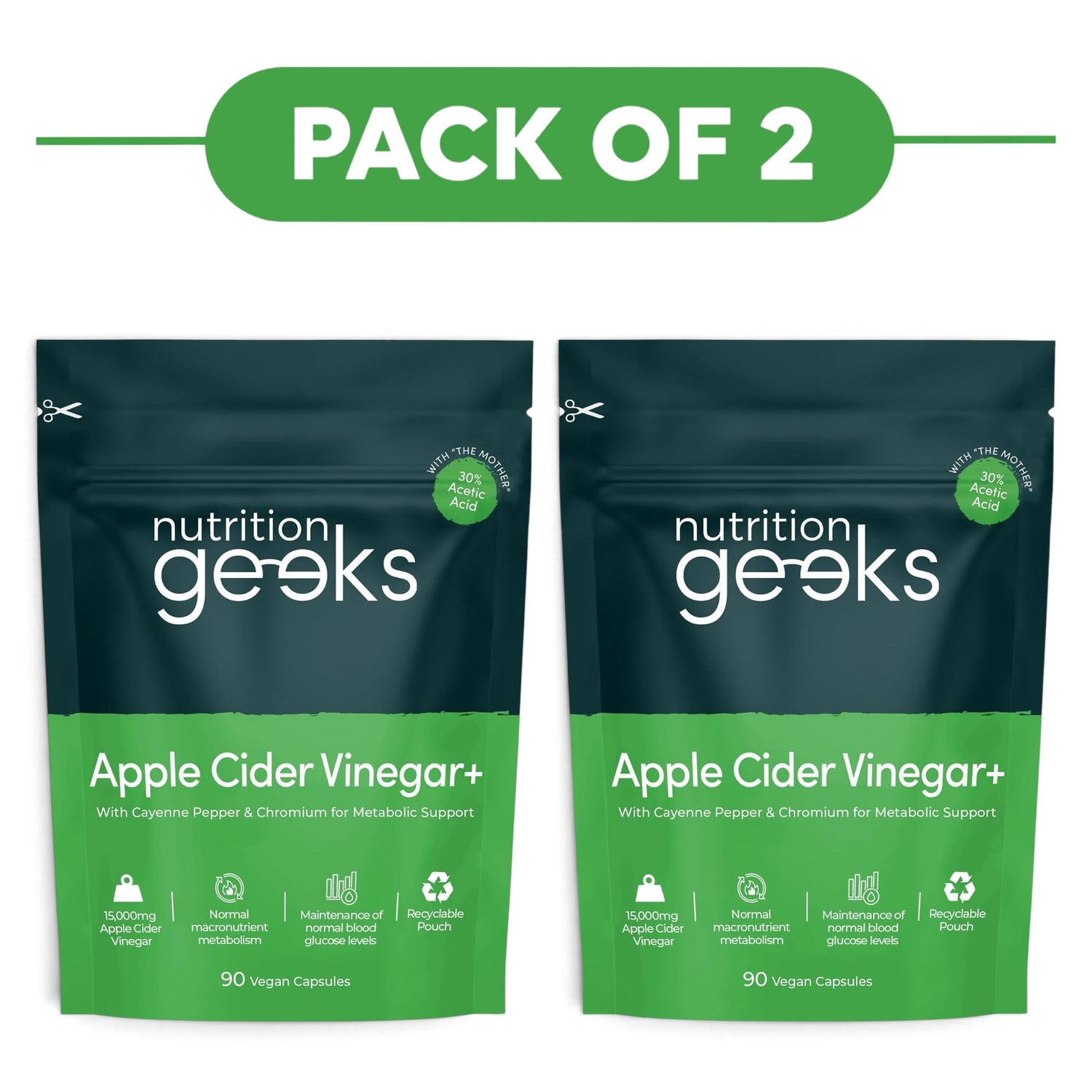 Nutrition Geeks Apple Cider Vinegar+ 90 Vegan Capsules Pack of 2