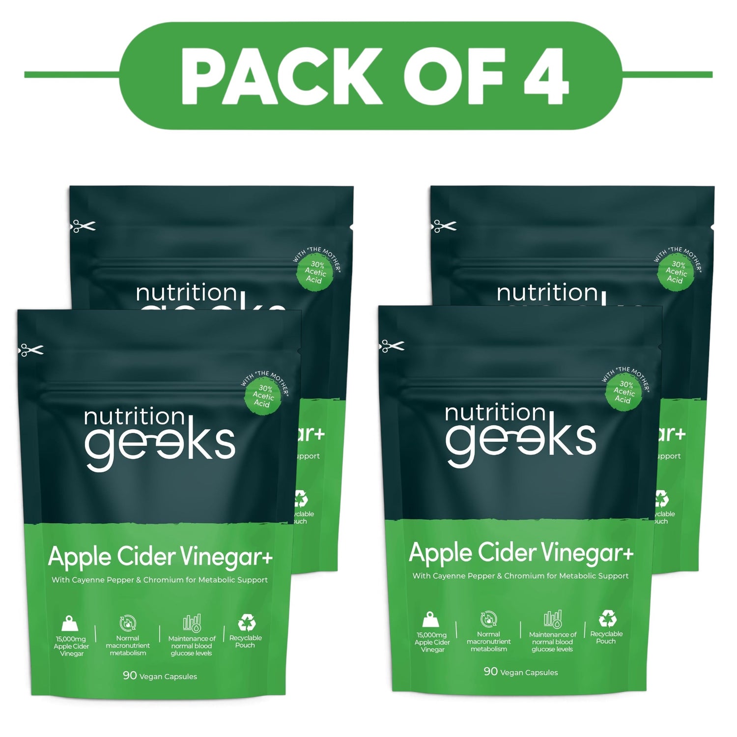 Nutrition Geeks Apple Cider Vinegar+ 90 Vegan Capsules Pack of 4