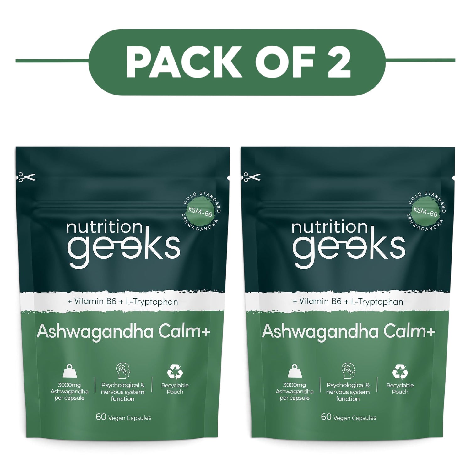 Nutrition Geeks Ashwagandha Calm+ 60 Vegan Capsules Pack of 2