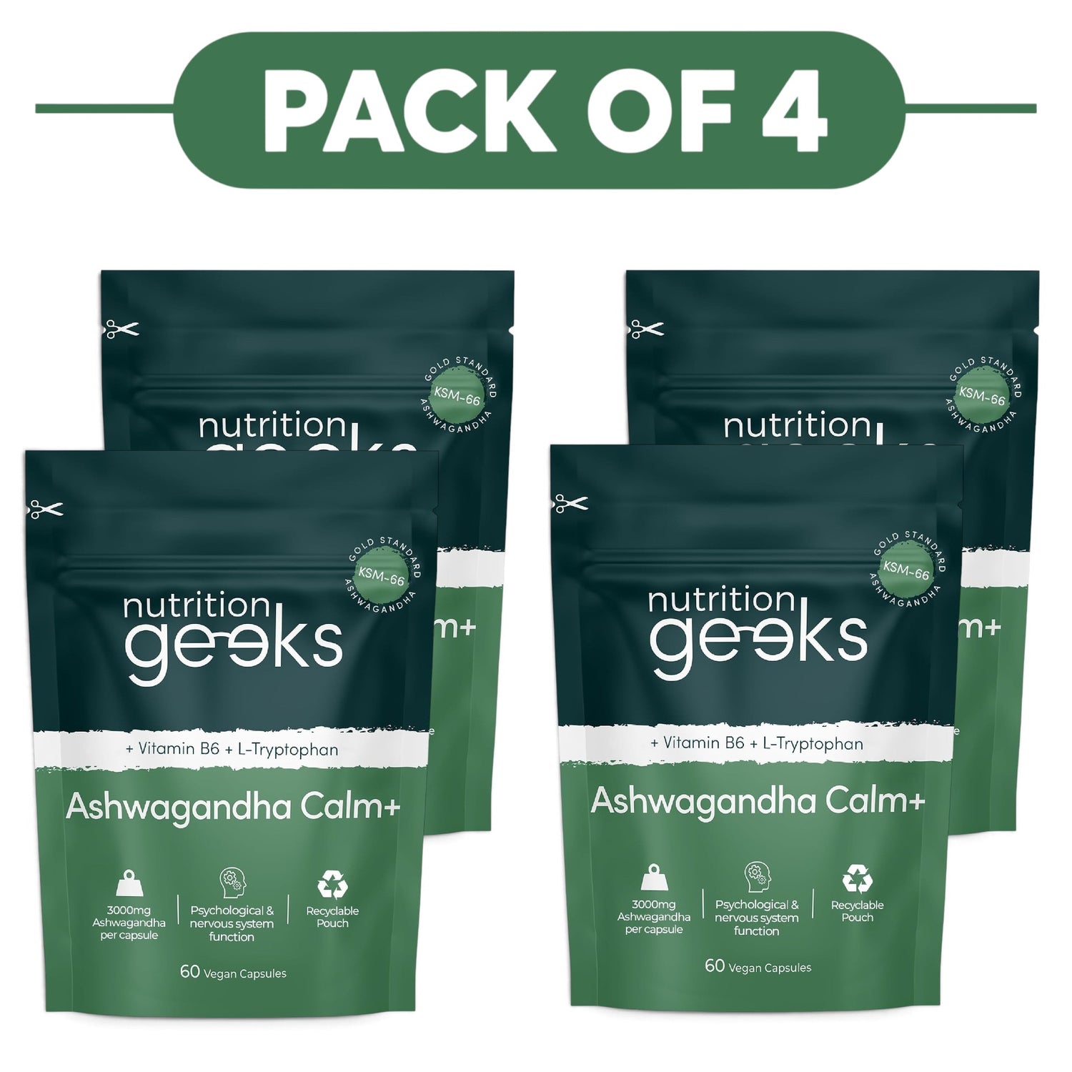 Nutrition Geeks Ashwagandha Calm+ 60 Vegan Capsules Pack of 4