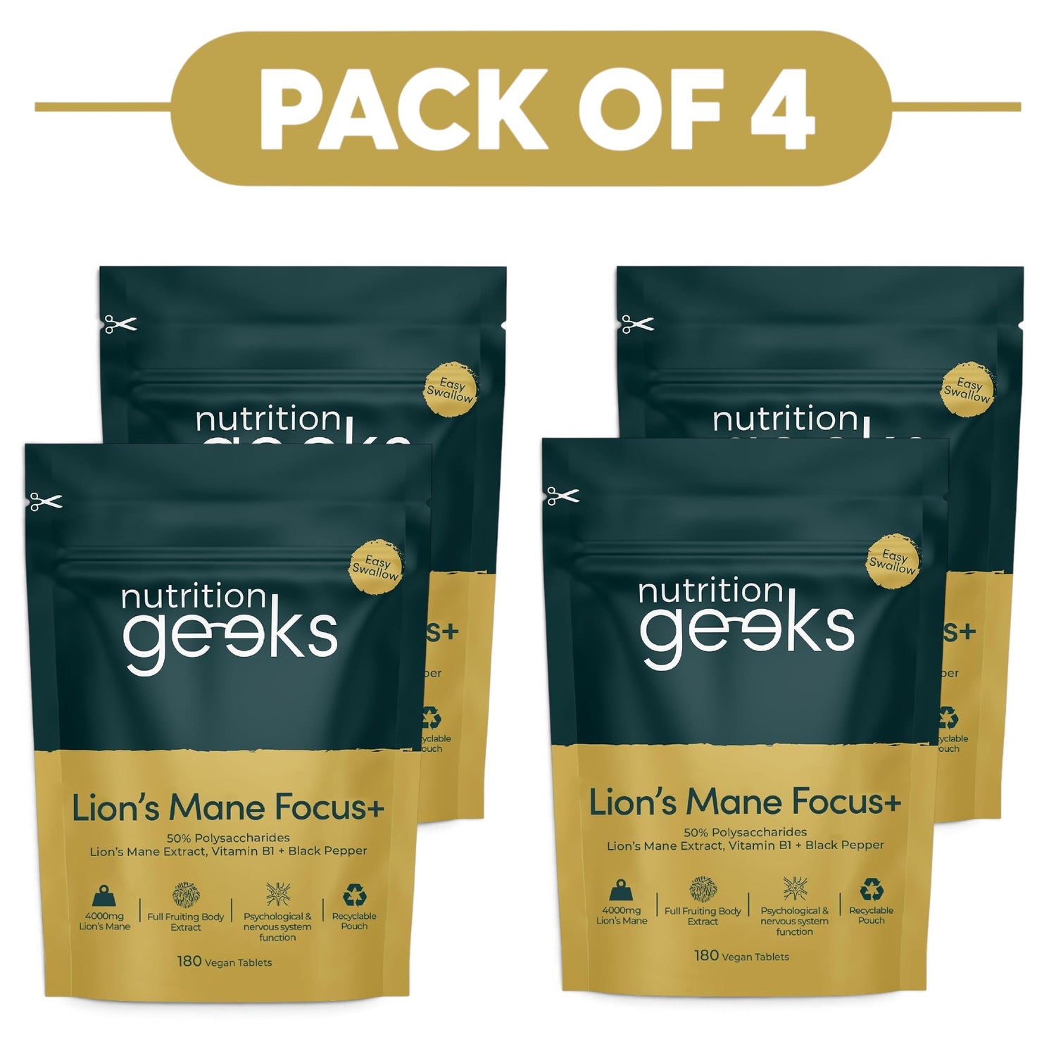 Nutrition Geeks Lion's Mane Focus+ 180 Vegan Tablets Pack of 4