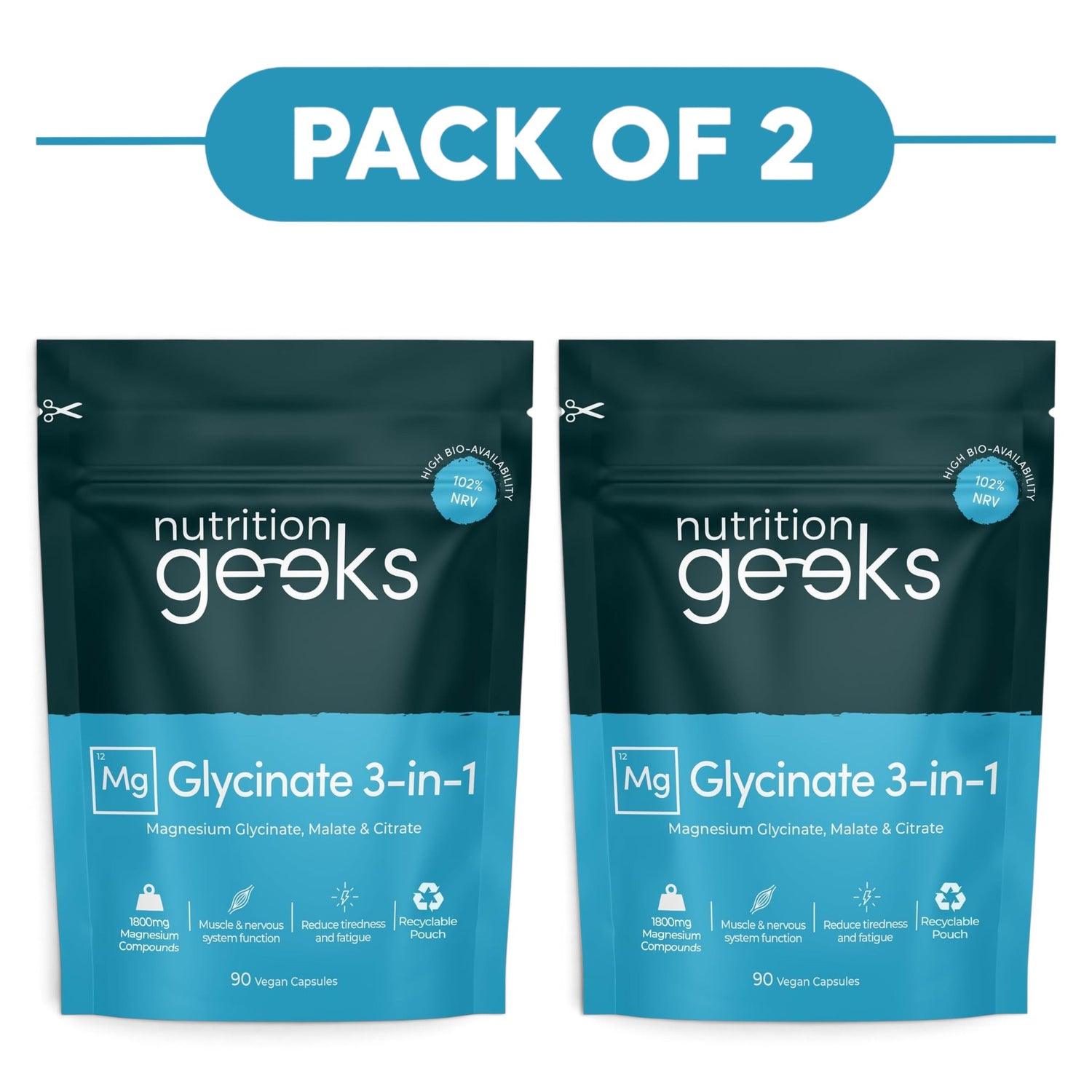 Nutrition Geeks Magnesium Glycinate 3-in-1 90 Capsules Pack of 2