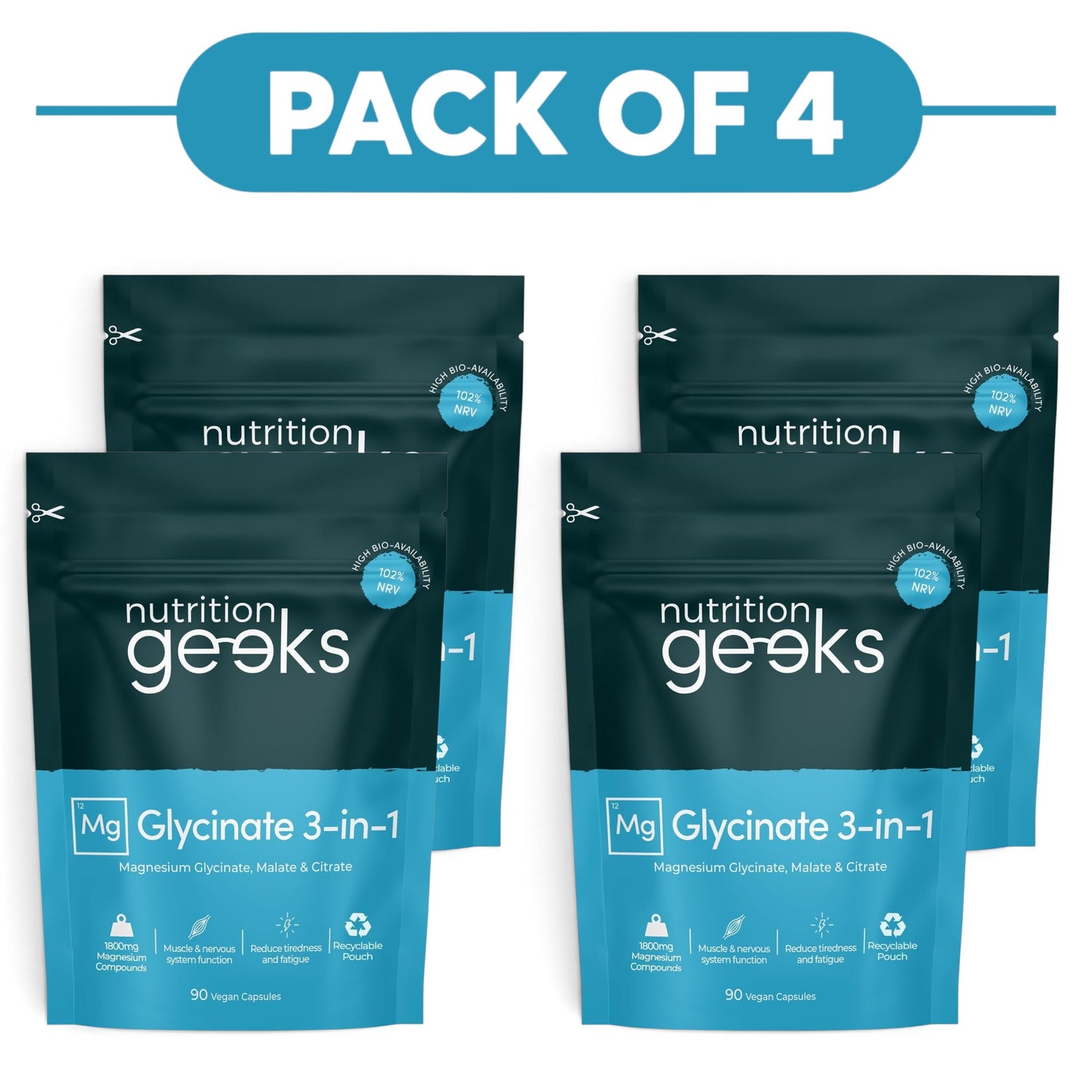 Nutrition Geeks Magnesium Glycinate 3-in-1 90 Capsules Pack of 4