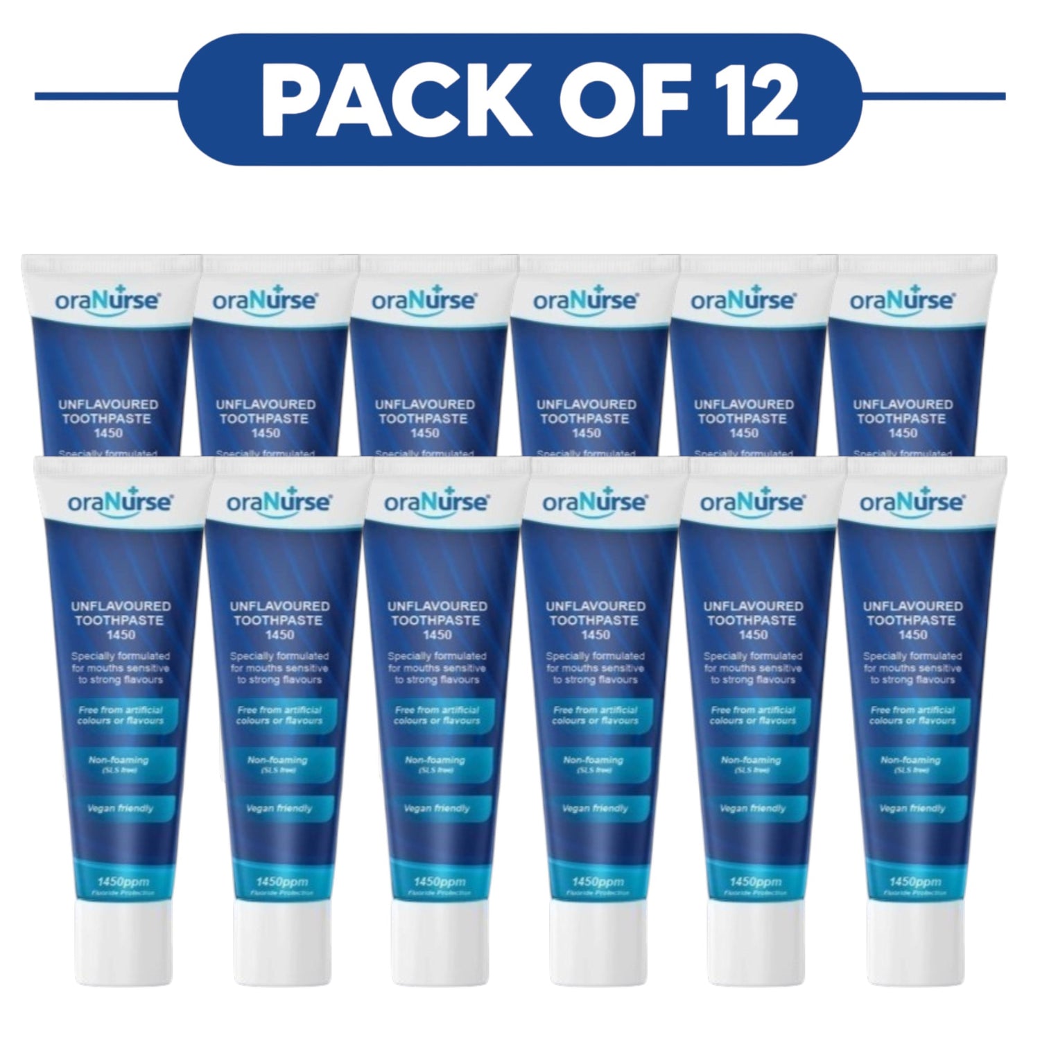 OraNurse Unflavoured Toothpaste 1450ppm Fluoride 50ml Pack of 12