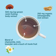 Tea cup with health benefits labelled on a blue background.