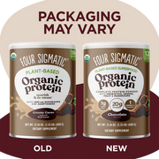 Four Sigmatic Organic Plant-Based Protein Powder, Chocolate - 600g. Old & new packaging.