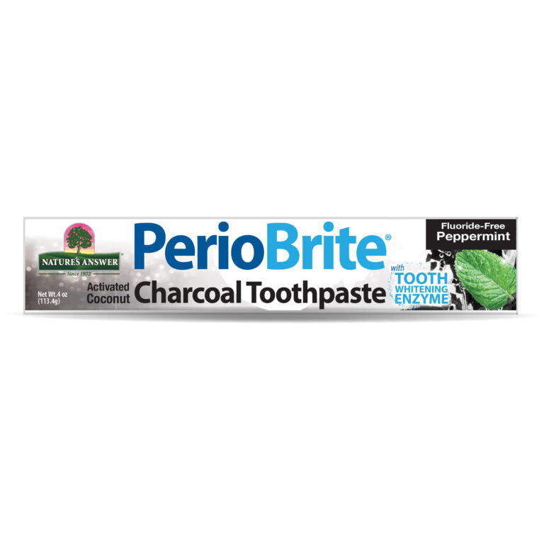 Nature’s Answer PerioBrite activated charcoal toothpaste peppermint 113.4g box front viewon a white background
