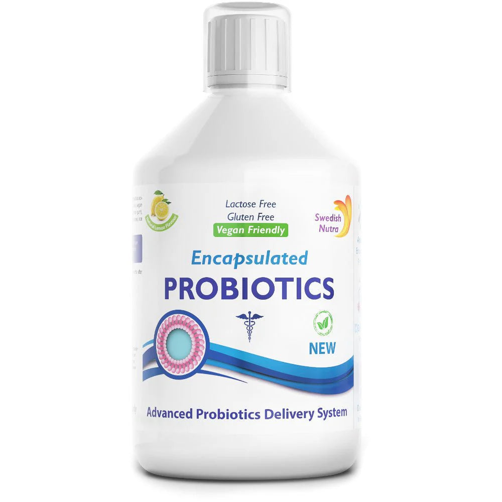 Front image: Swedish Nutra probiotics 10 billion CFU liquid lemon flavour 500ml bottle
