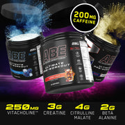 Abe Ultimate Pre-Workout supplement containers with ingredient details on a dark background
