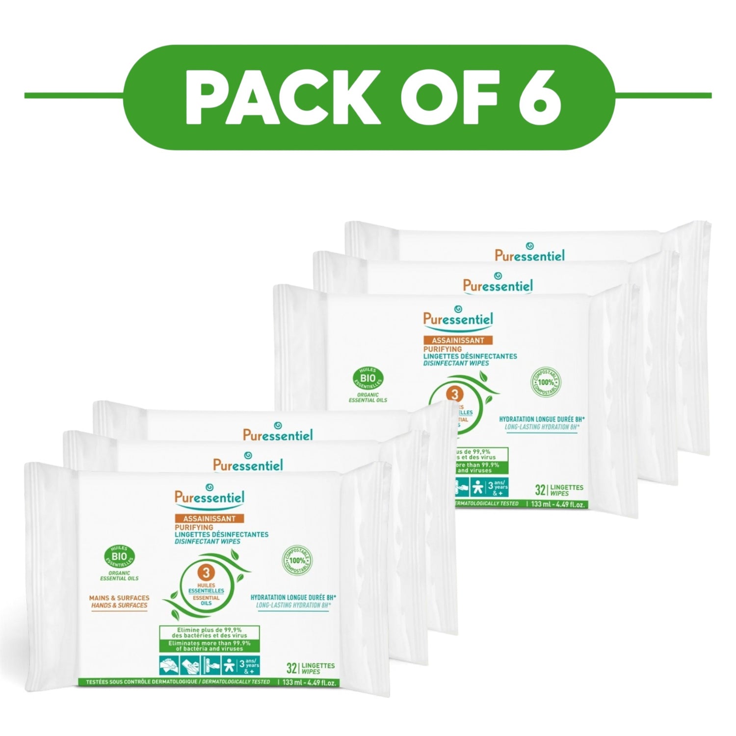 Puressentiel Purifying Disinfectant Wipes Hands Surfaces 32 Pack of 6