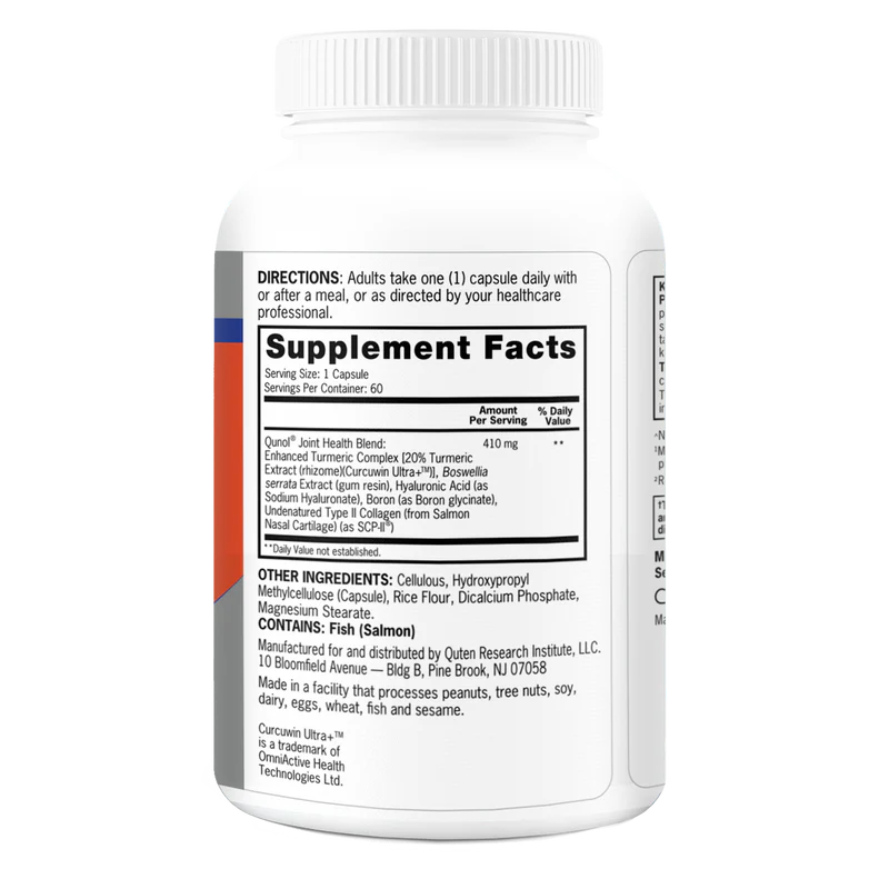 Supplement facts & ingredients image: Qunol Joint Health Turmeric boswellia collagen supplement facts 30 count