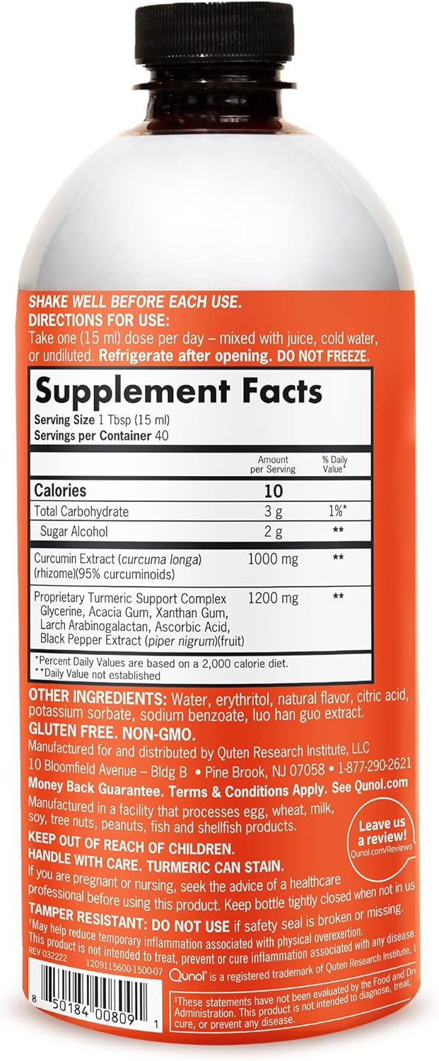 Supplement facts & ingredients image: Qunol Liquid Turmeric Curcumin supplement facts 1000mg ingredients 600ml