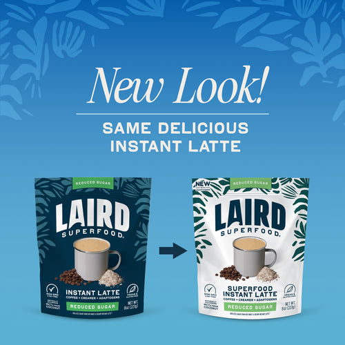 Laird Superfood Reduced Sugar Instant Latte Non-Dairy - 227g. Old & new packaging