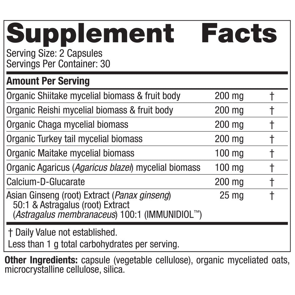 Supplement Facts label for Nordic Naturals multi-mushroom and herbal blend.