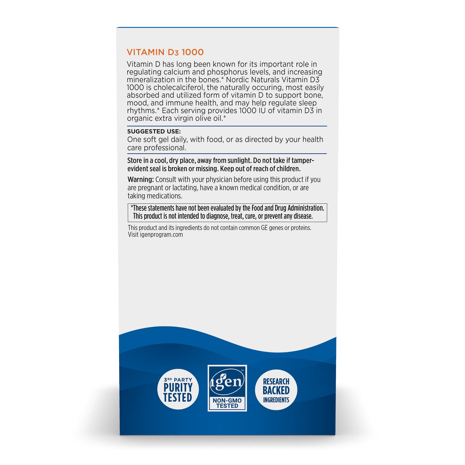 Supplement facts label for Nordic Naturals Vitamin D3 1000 IU mini softgels.