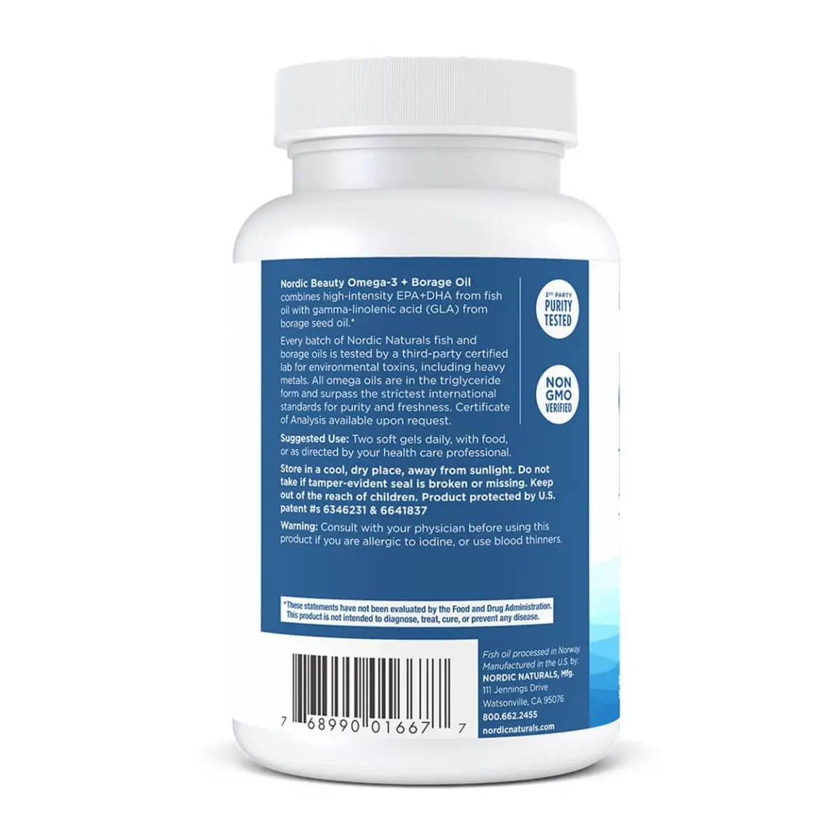 Back label of Nordic Beauty Dual Omega supplement showing nutrition facts & barcode.