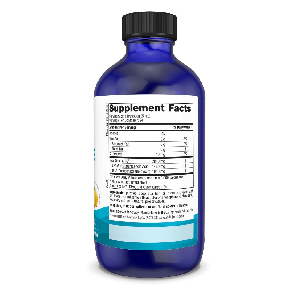 Supplement facts label and details for Nordic Naturals Ultimate Omega high-potency liquid fish oil.