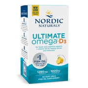 Nordic Naturals Ultimate Omega-D3 lemon flavor 60 soft gel box supplement.