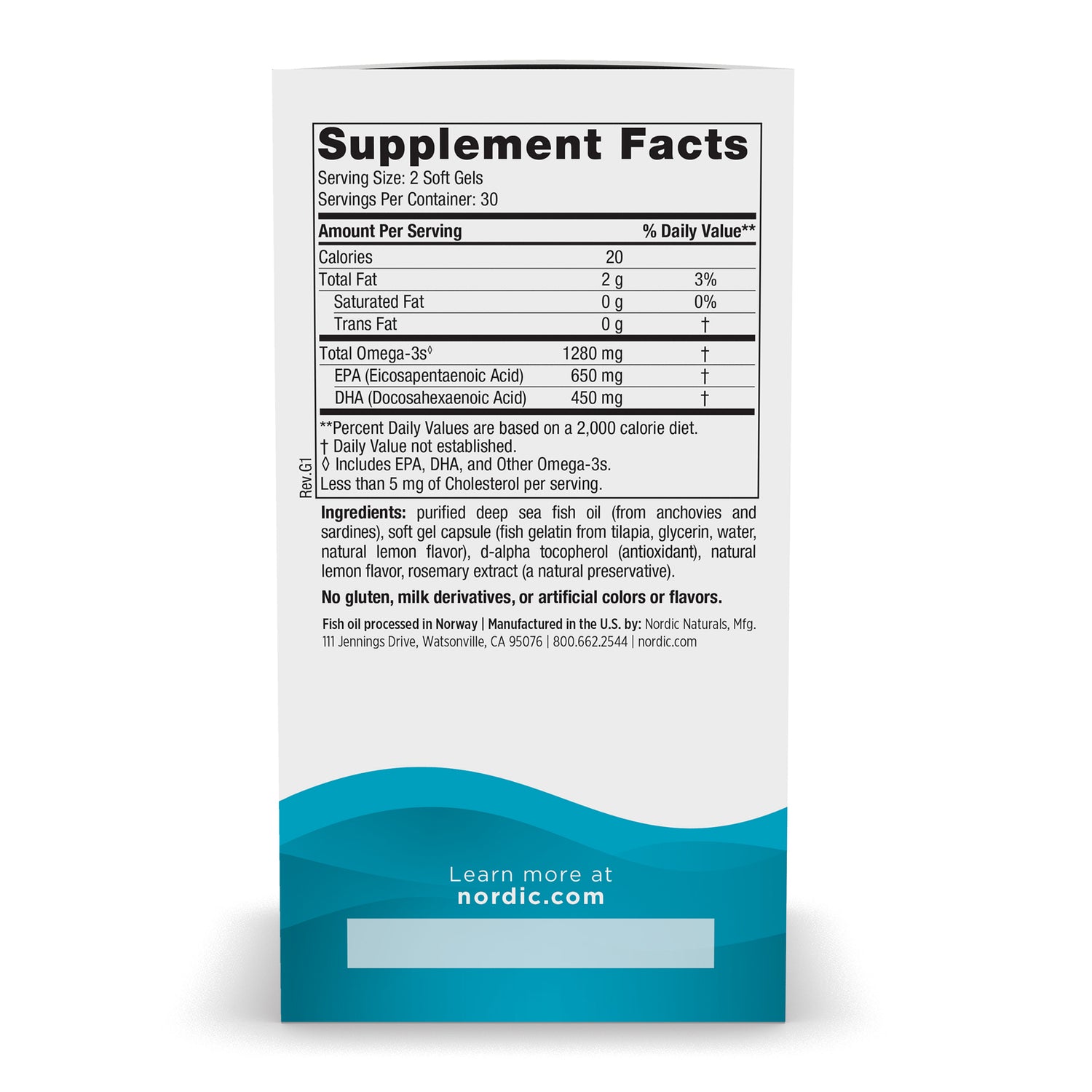 Supplement facts label for high potency omega-3 fish oil supplement