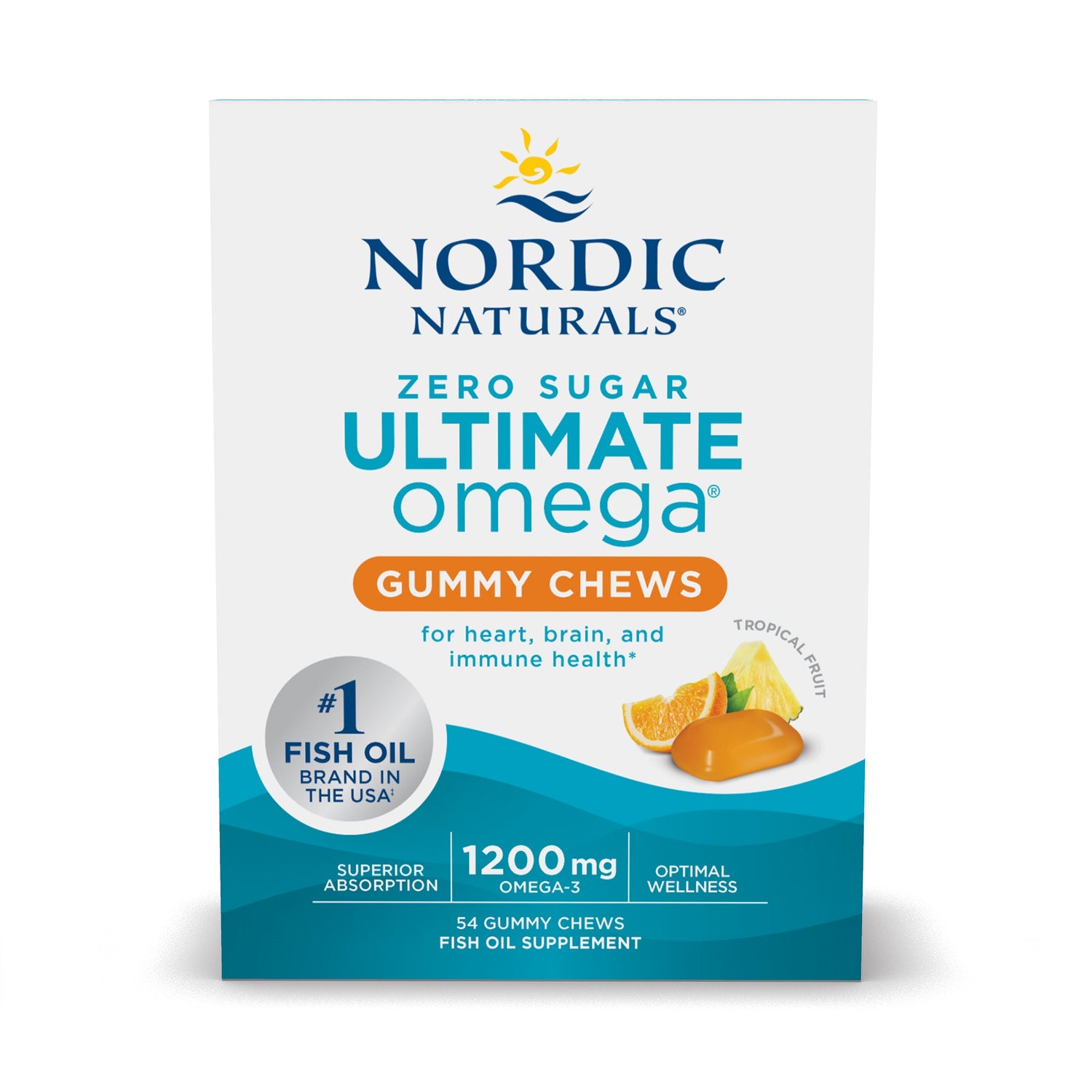 Nordic Naturals Zero Sugar Ultimate Omega Tropical Fruit - 54 Gummies box.