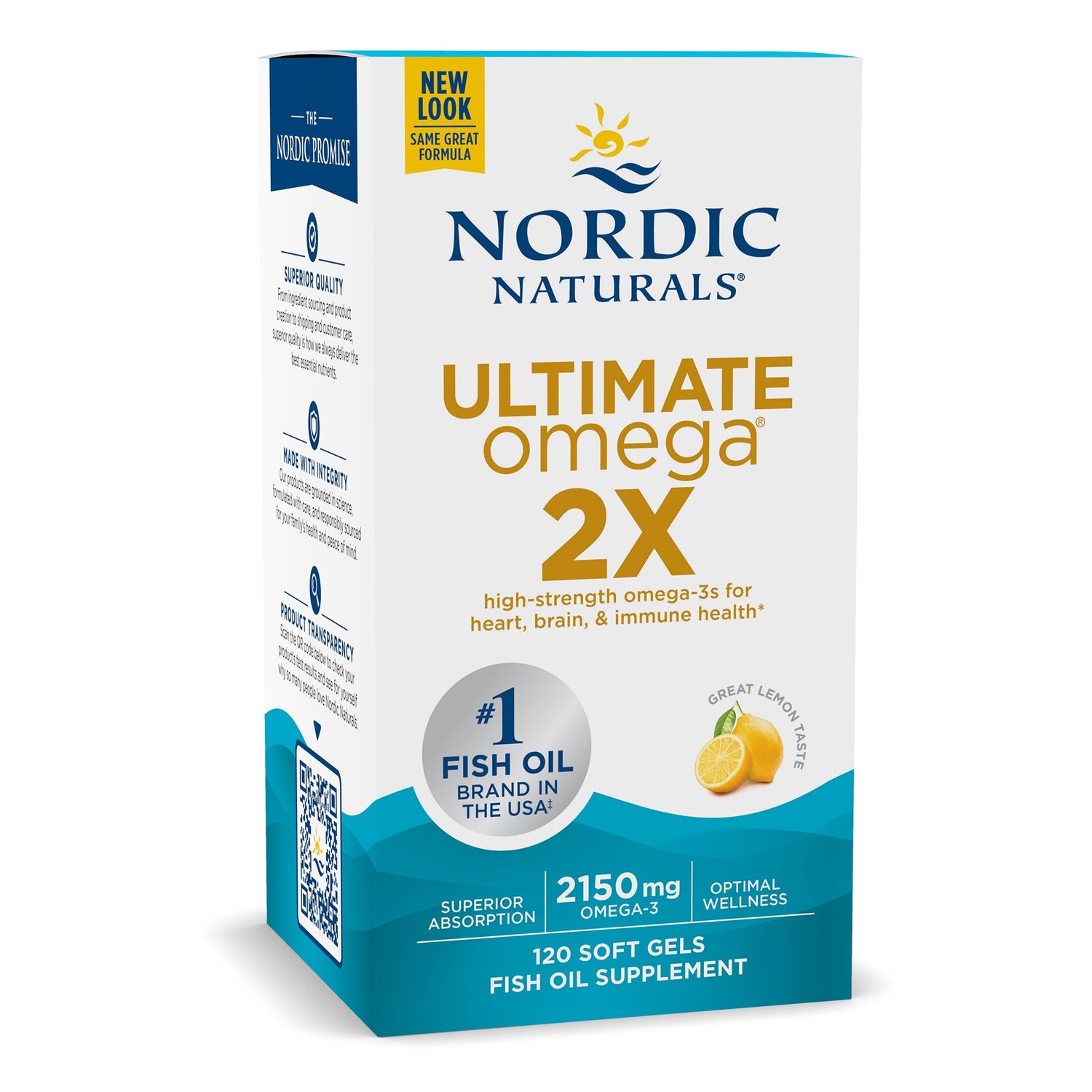 Front of Nordic Naturals Ultimate Omega 2X Omega-3 box, lemon flavour, 120 softgels.