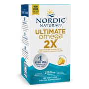 Front of Nordic Naturals Ultimate Omega 2X Omega-3 box, lemon flavour, 180 softgels.