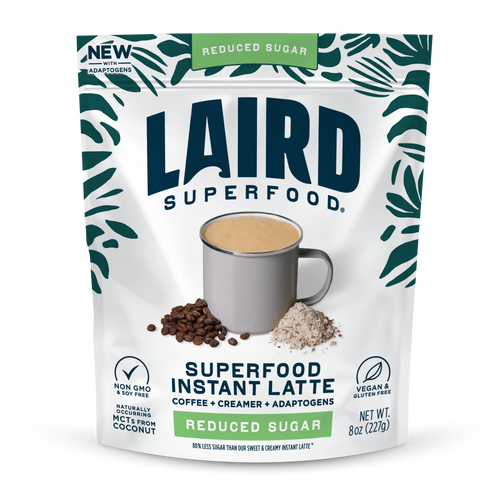 Laird Superfood reduced sugar instant latte 227g non-dairy coffee mix front pouch on white background