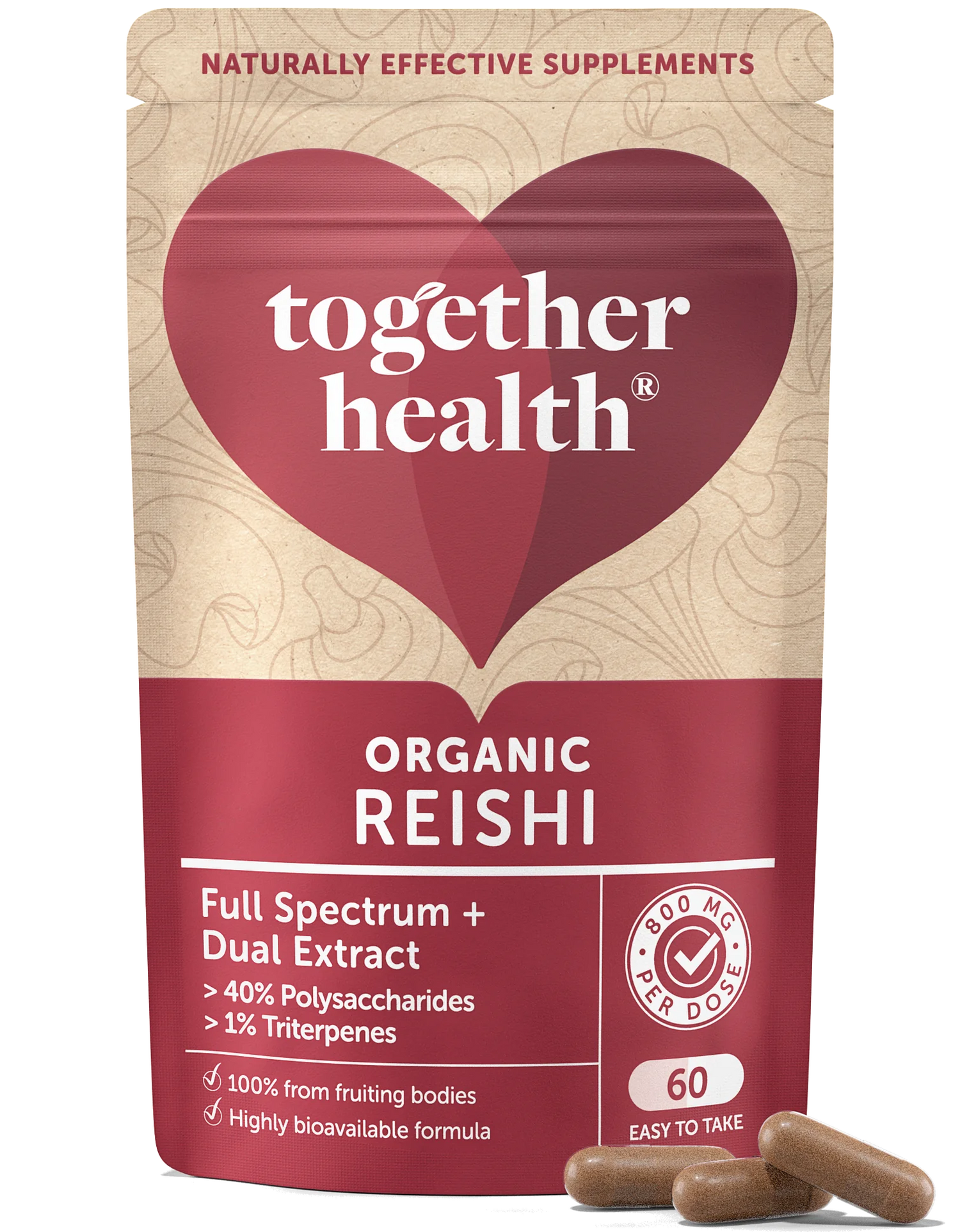 A package of Together Health organic reishi supplement with 60 capsules, highlighting its full spectrum dual extract and organic certification.