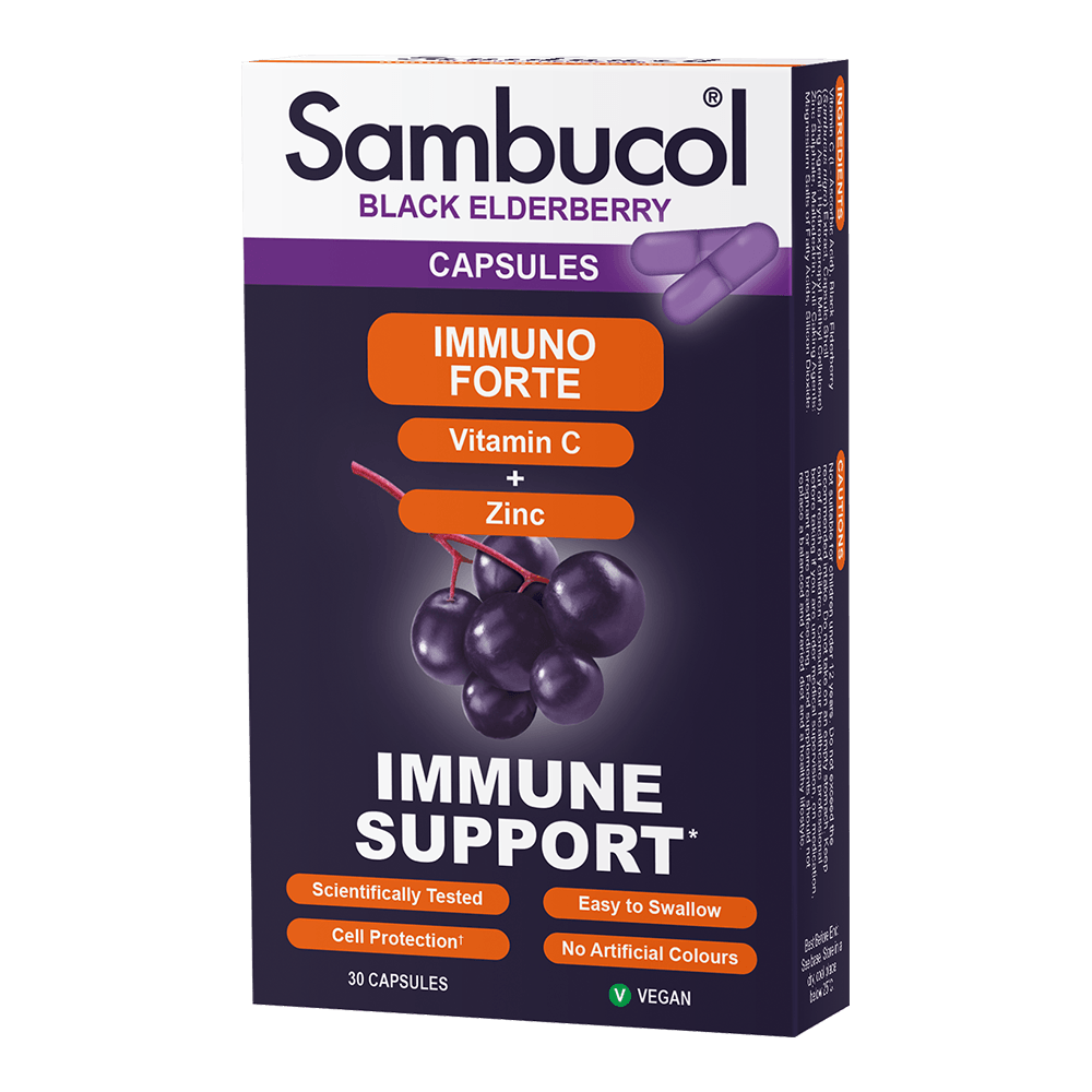 Sambucol Black Elderberry capsules packaging on a black background
