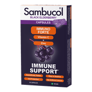 Sambucol Black Elderberry capsules packaging on a black background