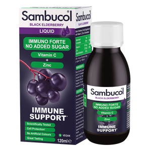 Sambucol Black Elderberry Immuno Forte liquid bottle and packaging on a white background
