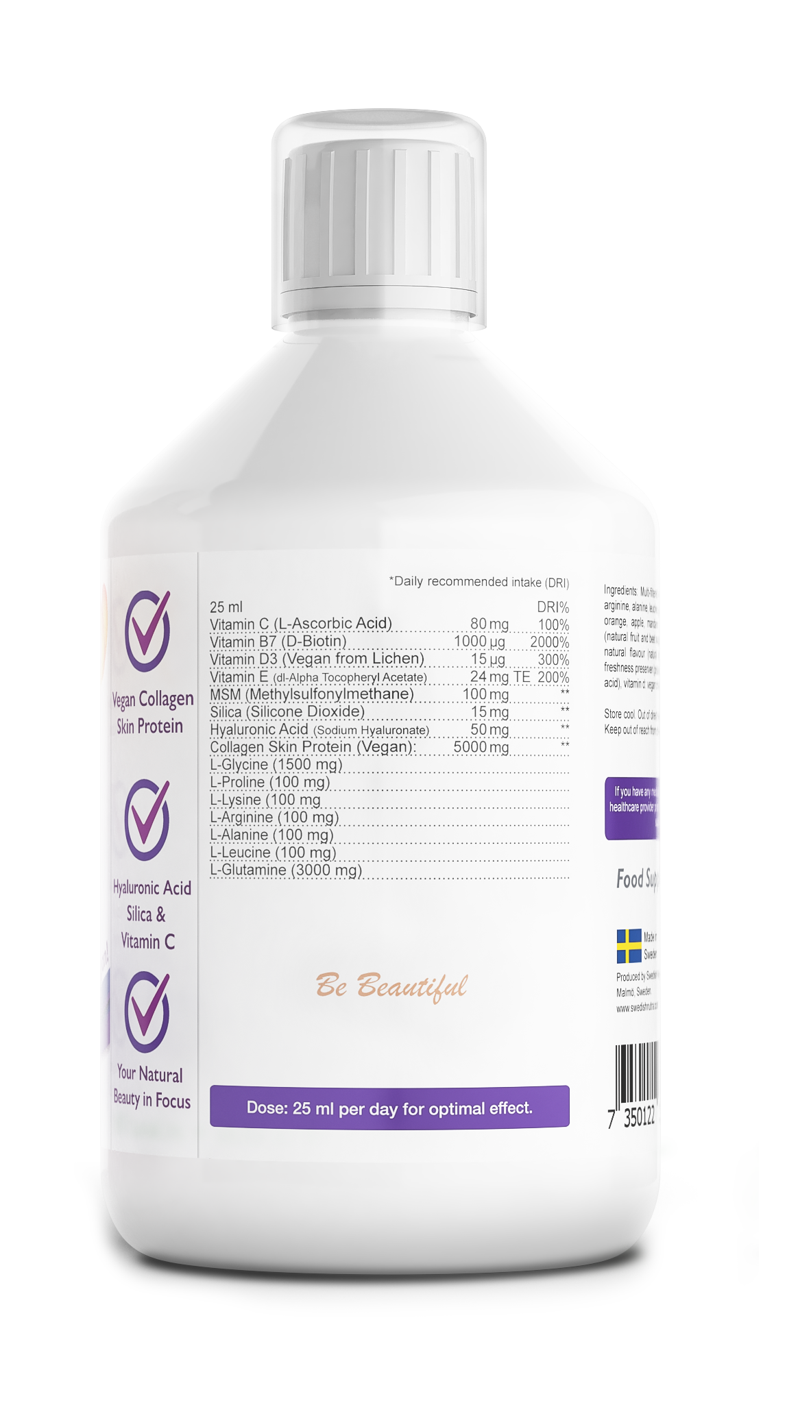 Supplement facts & ingredients image: Swedish Nutra vegan collagen supplement facts ingredients 500ml bottle