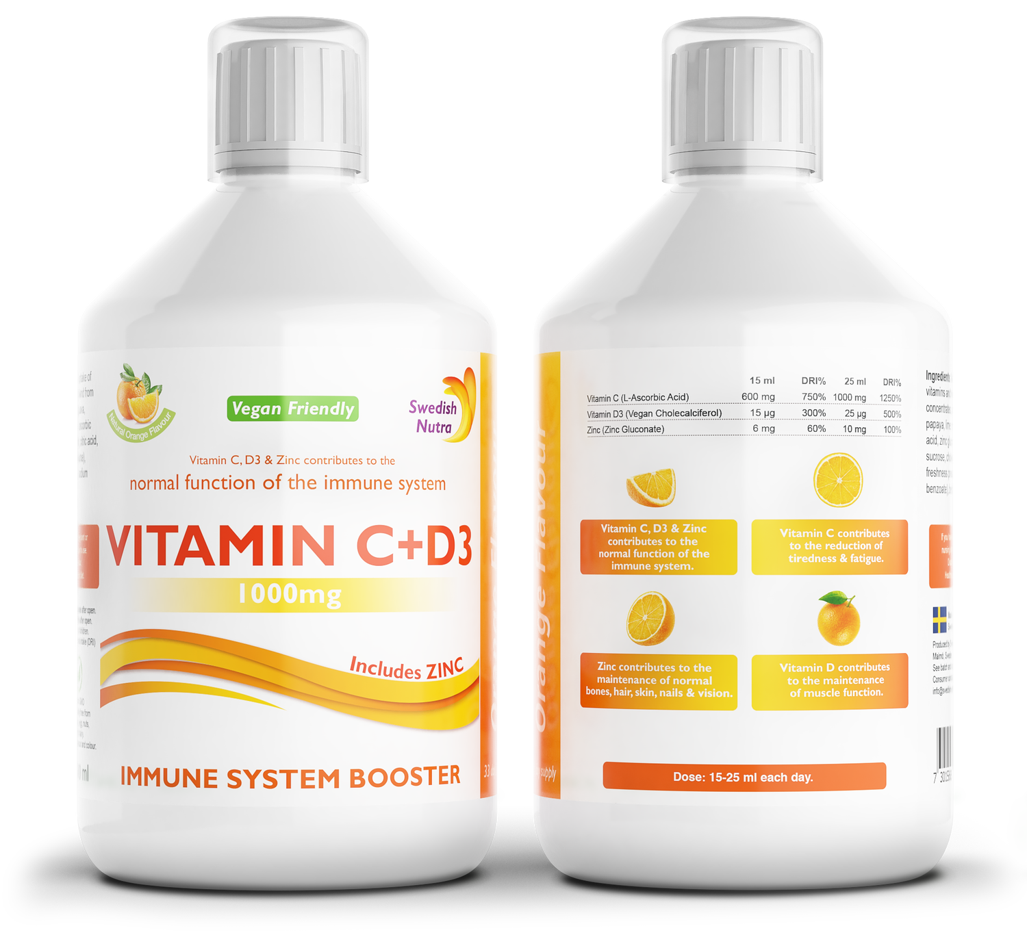 Two bottles of Vitamin C+D3 supplement on a white background