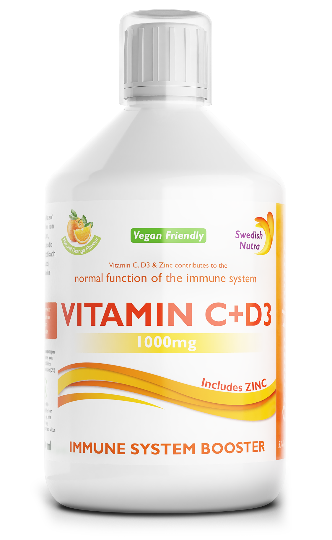 Bottle of Vitamin C+D3 supplement on a white background