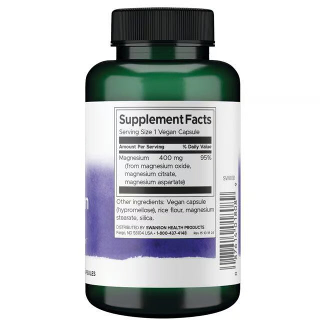 Back: Supplement facts label for magnesium complex showing 3-source blend.
