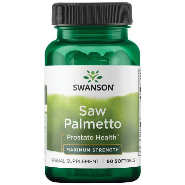 Front: Bottle of Swanson Maximum Strength Saw Palmetto 320 mg softgels with Pumpkin Seed Oil, 60 count.