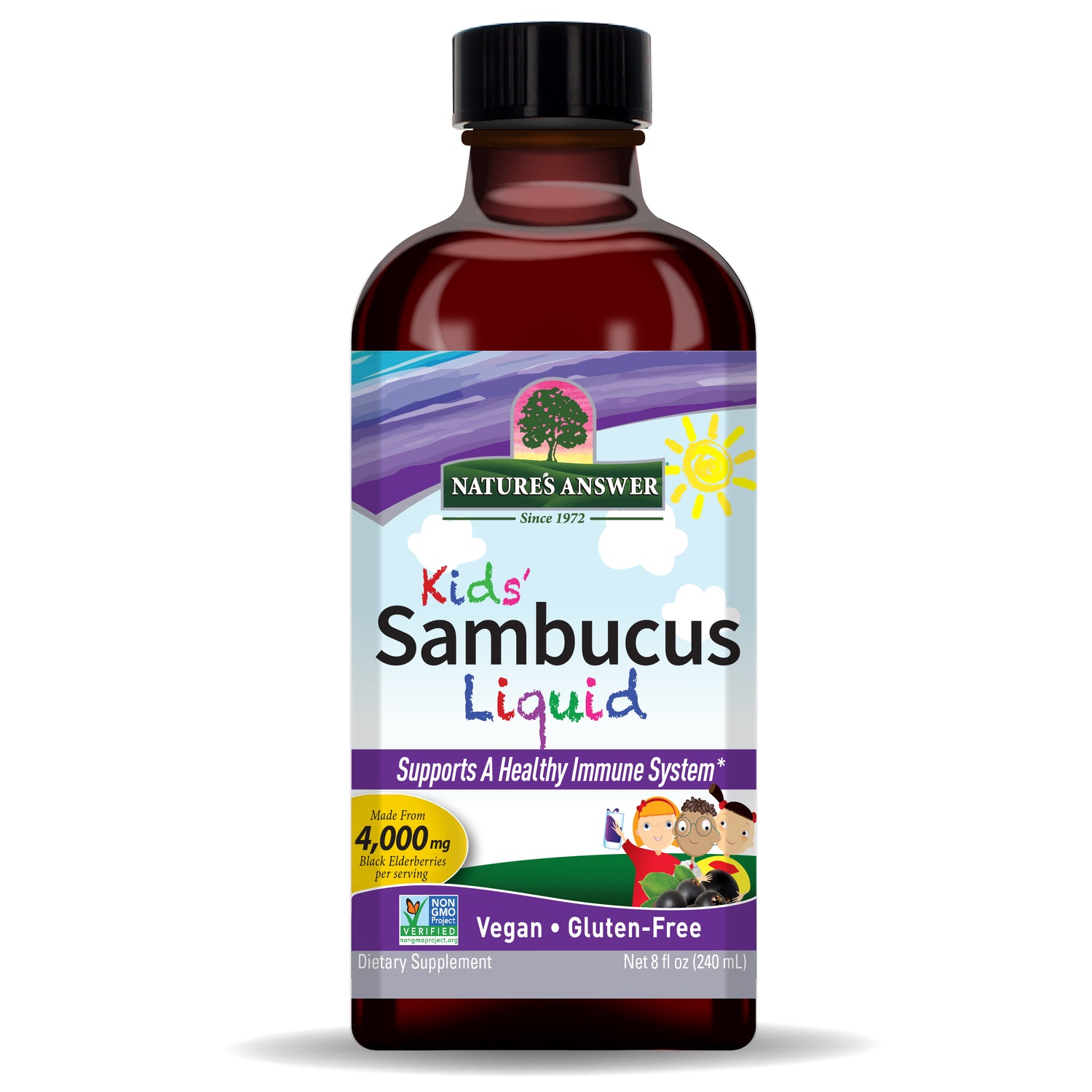 Nature’s Answer Sambucus Elderberry Kids Syrup 240ml bottle front view on a white background