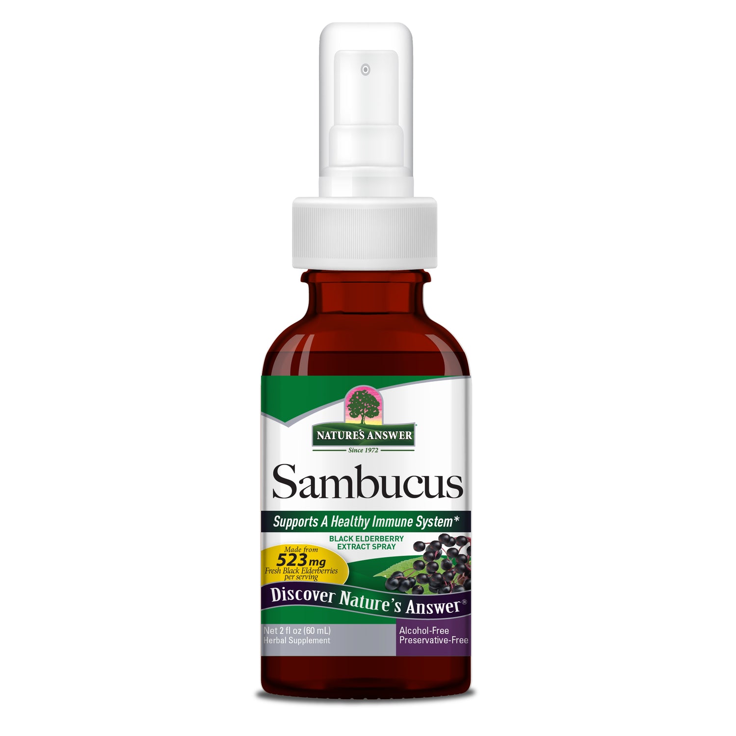 Nature’s Answer Sambucus elderberry throat spray alcohol-free 60ml bottle front label