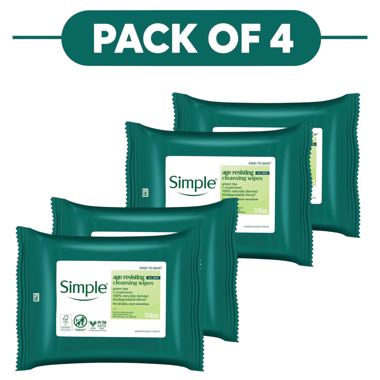 Simple Kind to Skin Age Resisting Cleansing Wipes 20 Wipes Pack of 4