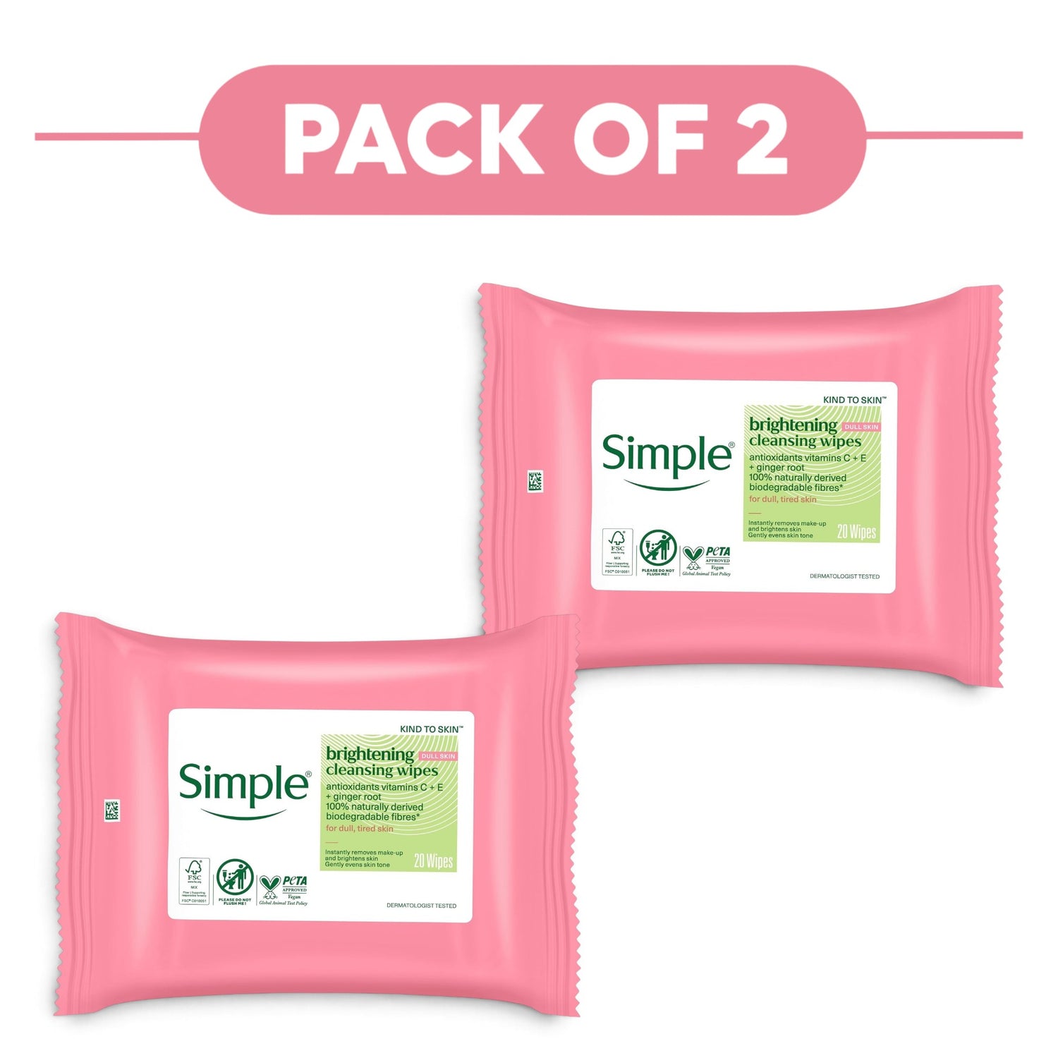 Simple Kind to Skin Brightening Cleansing Wipes 20 Wipes Pack of 2