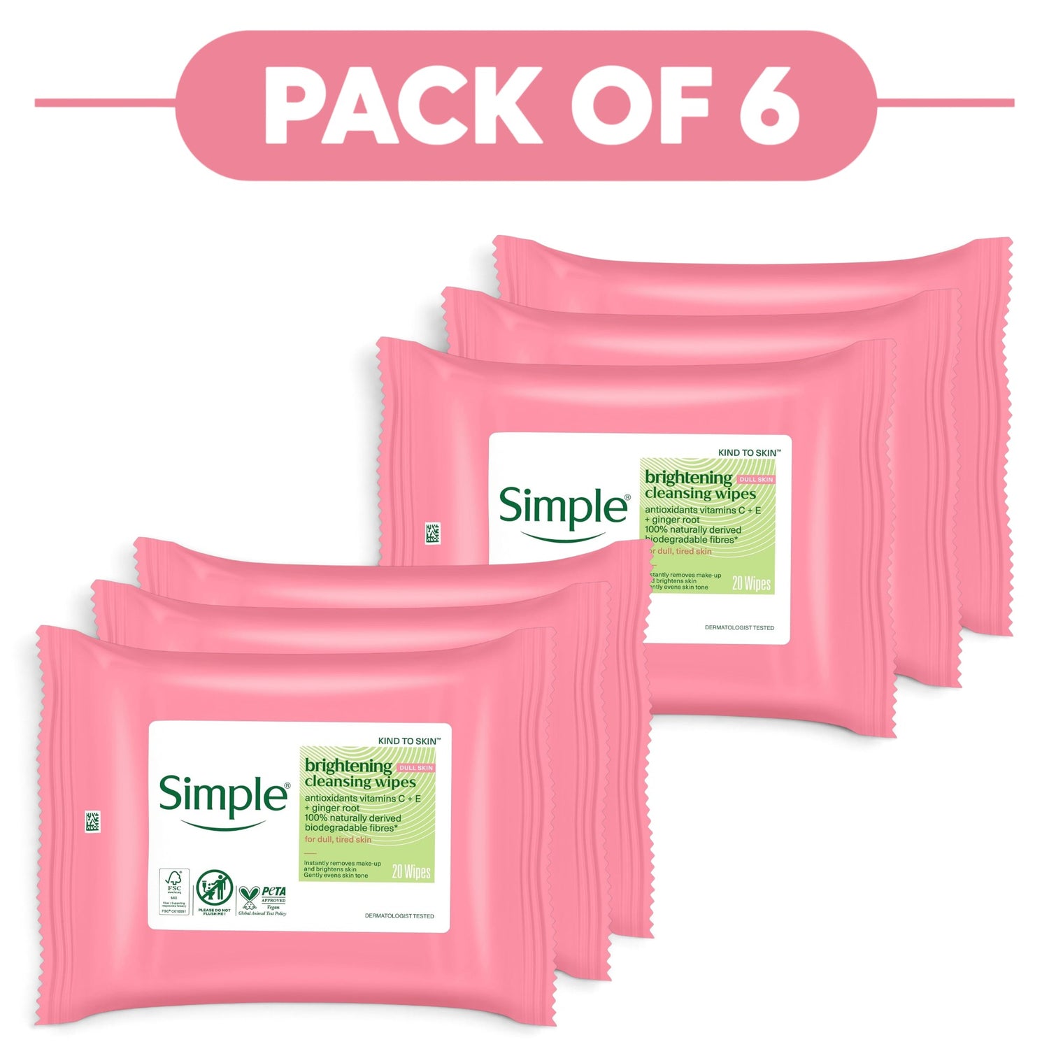 Simple Kind to Skin Brightening Cleansing Wipes 20 Wipes Pack of 6